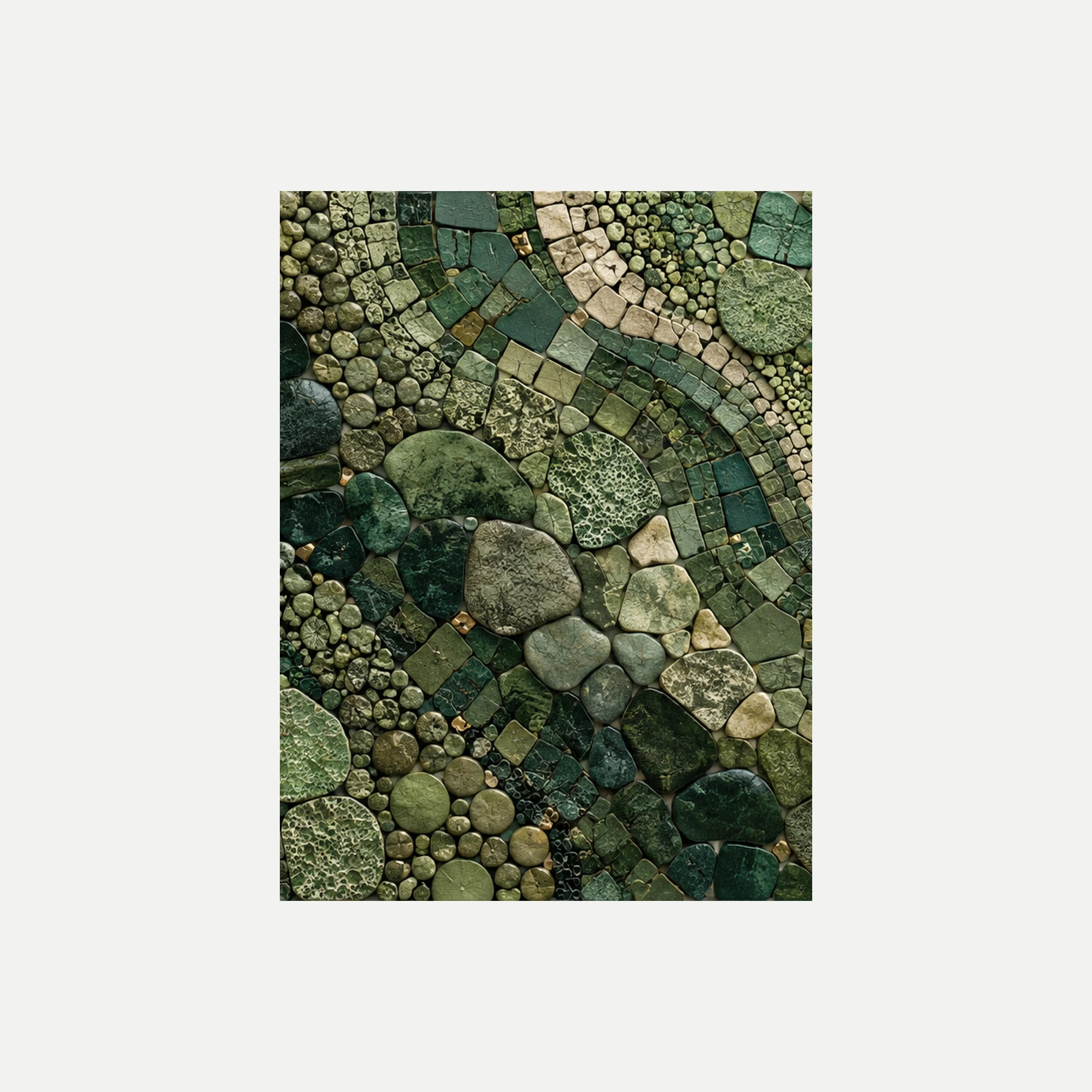 Forest Floor Tesserae II: un mosaico curvo de piezas verdes y beige de distintos tamaños, sin marco, sobre fondo neutro.