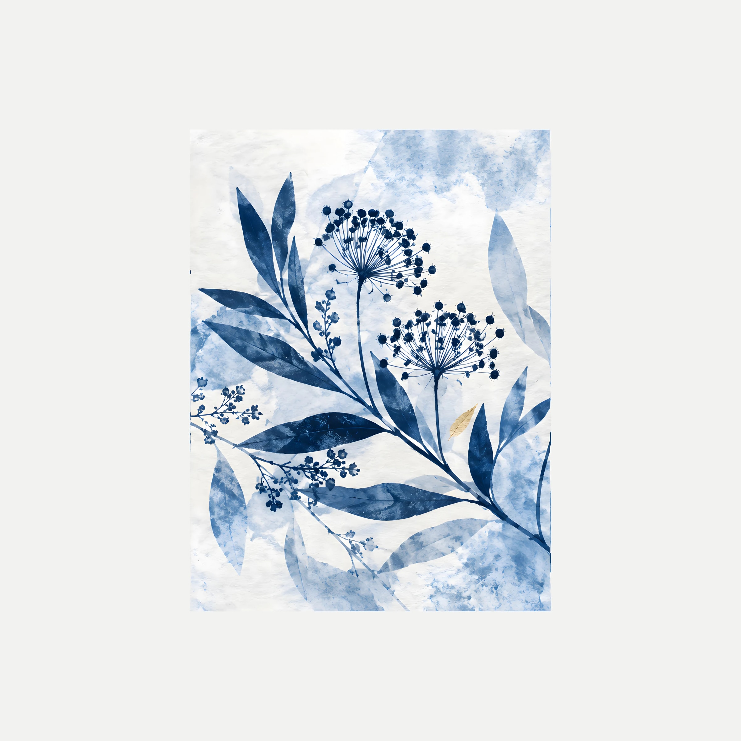 Cyanotype Canopy II: un tallo diagonal con hojas azules y pequeñas agrupaciones florales, sin marco, sobre fondo neutro.